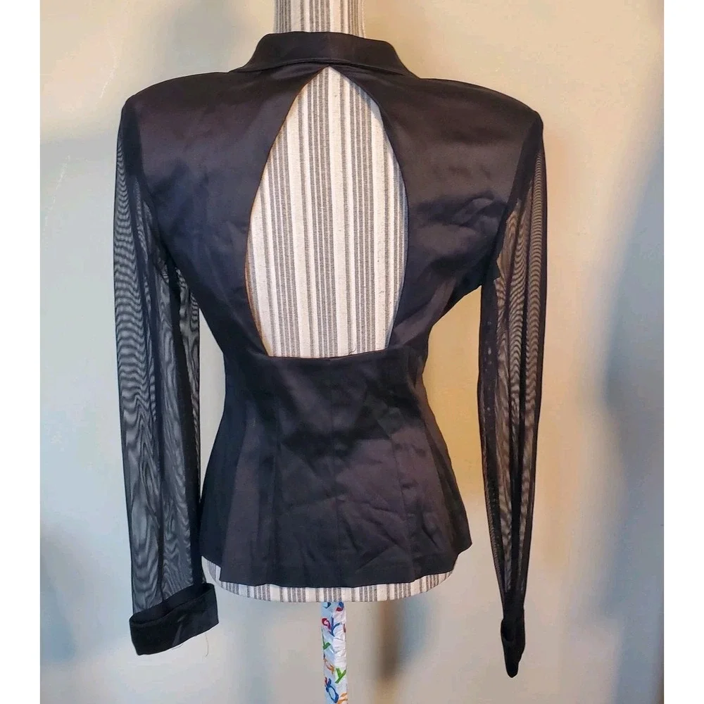 J. Harris Jacket Top Women L Open Back Sheer Longsleeves Double Breasted‎ Black